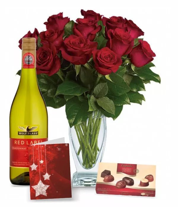 12 Red Roses, Chocolates, Card & Wine - Anniversary Gifts - Bloomex Australia