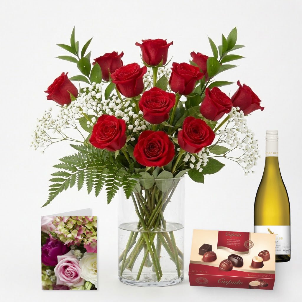 12 Red Roses, Chocolates, Card & Wine - Anniversary Gifts - Bloomex Australia