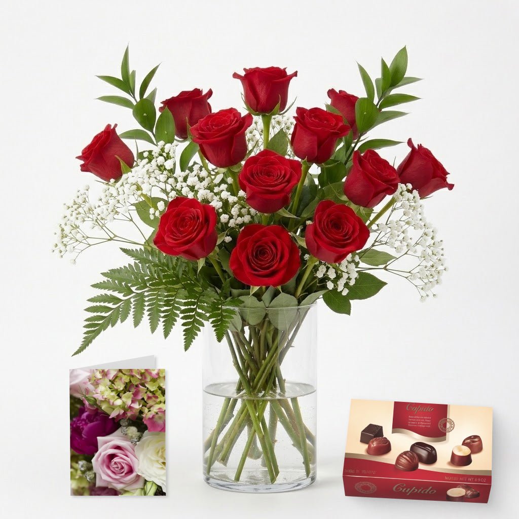 Dozen Roses, Chocolates, Vase & Card - Roses - Bloomex Australia