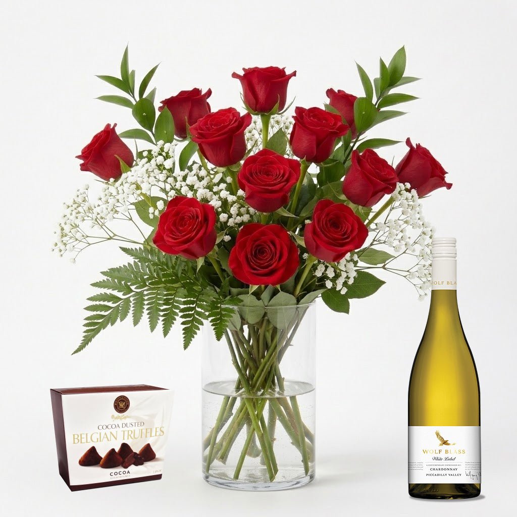 Dozen Red Roses, Wine & Truffles - Roses - Bloomex Australia