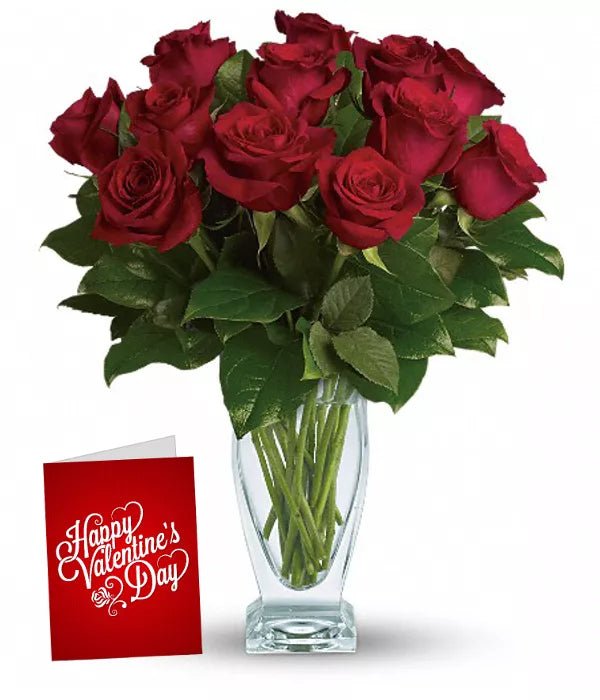 Dozen Red Roses, Card & Vase - Valentine's Day Flowers - Bloomex Australia