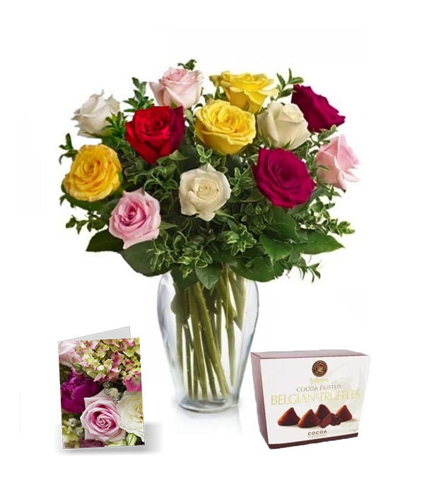 Dozen Mixed Colour Roses, Vase, Card & Chocolates - Valentines Specials - Bloomex Australia