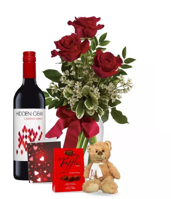 3 Red Roses and Red Wine Combo - Flowers with Greeting Card - Bloomex Australia