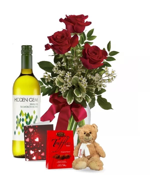 3 Red Roses and White Wine Combo - Flowers with Greeting Card - Bloomex Australia