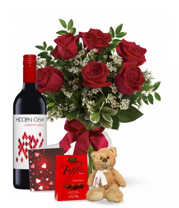 6 Red Roses and Red Wine Combo - Love & Romance Flowers - Bloomex Australia