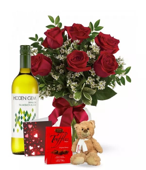 6 Red Roses and White Wine Combo - Love & Romance Flowers - Bloomex Australia