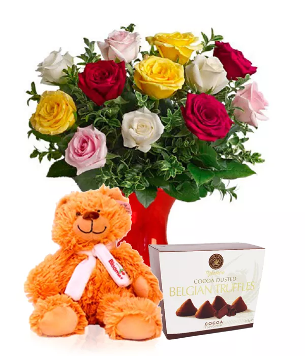 Dozen Assorted Roses, Truffles & Teddy - Mother's Day Flowers & Gifts - Bloomex Australia