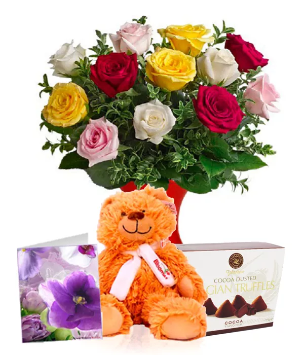 Dozen Assorted Roses, Truffles, Card & Teddy - Mothers Day Specials - Bloomex Australia