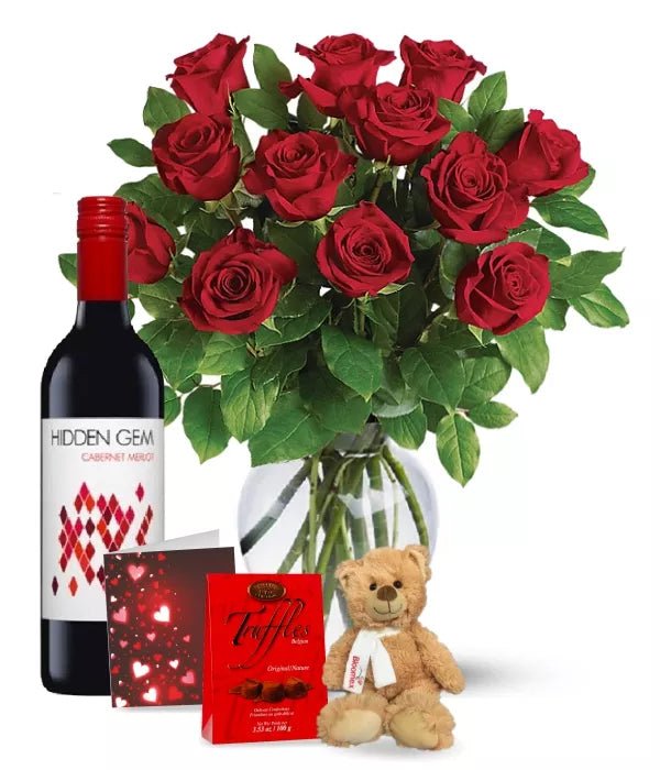 Dozen Red Roses and Red Wine Combo - Love & Romance Flowers - Bloomex Australia