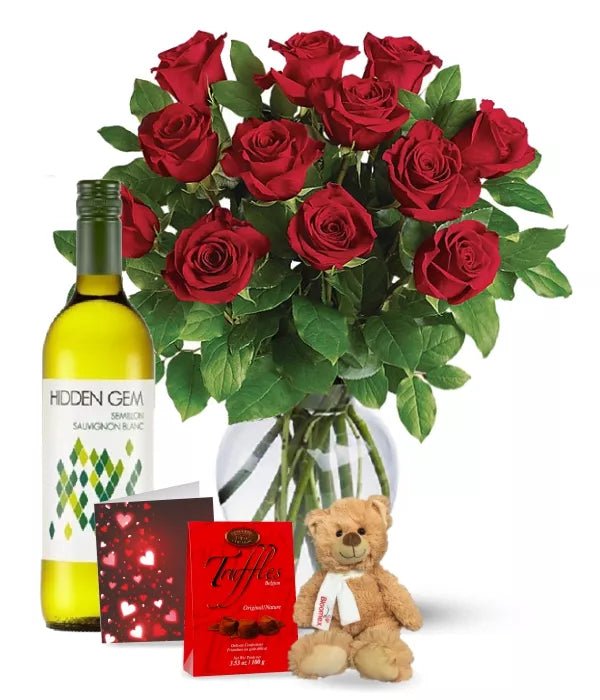 Dozen Red Roses and White Wine Combo - Love & Romance Flowers - Bloomex Australia