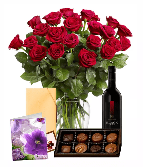 24 Red Roses, Chocolates, Card & Wine - Valentine's Day Flowers - Bloomex Australia
