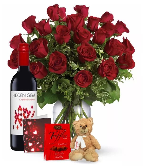 Two Dozen Red Roses and Red Wine Combo - Flowers with Greeting Card - Bloomex Australia