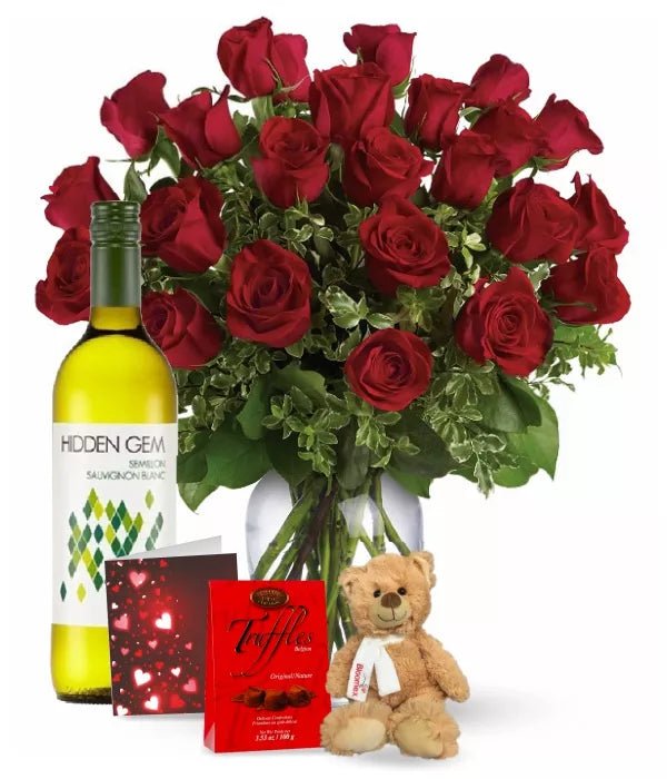 24 Red Roses and White Wine Combo - LLPF VD - Bloomex Australia