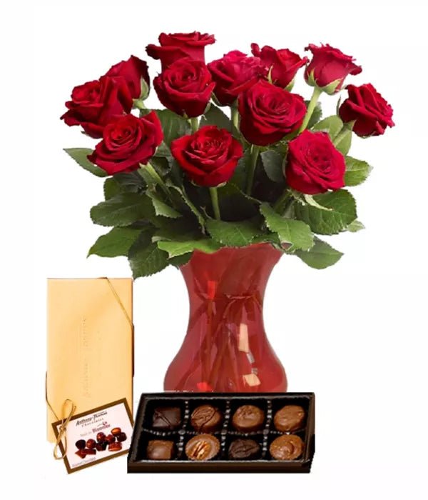 Dozen Roses, Vase & Chocolates - Anniversary Gifts - Bloomex Australia