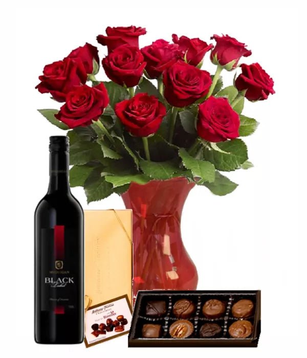 Dozen Roses, Vase, Chocolates & Wine - Anniversary Gifts - Bloomex Australia