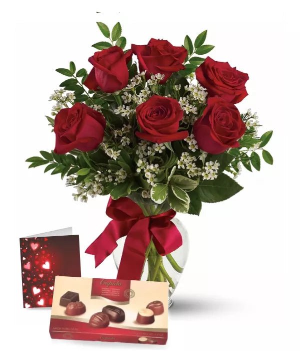 Half Dozen Red Roses, Card & Chocolates Gift - Valentine's Day Flowers - Bloomex Australia