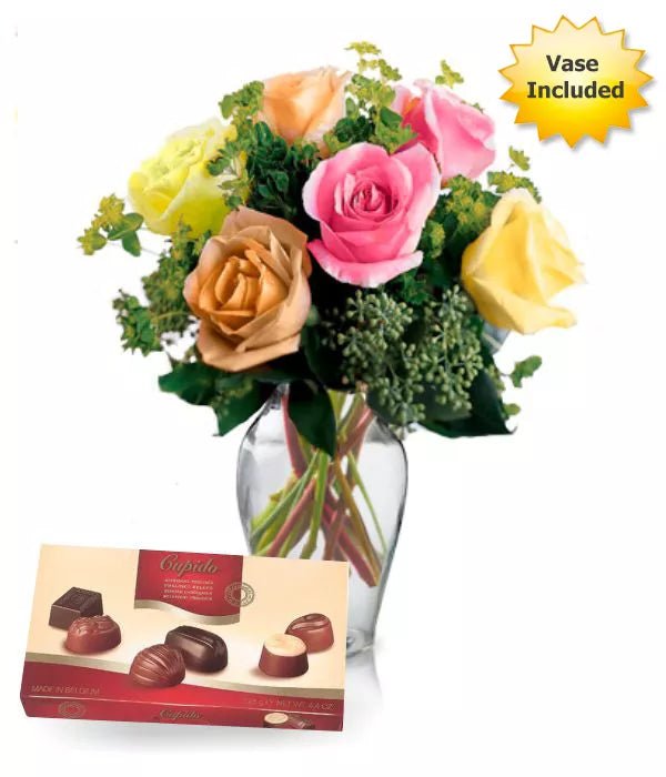 6 Assorted Roses, Vase & Chocolates - Mothers Day Specials - Bloomex Australia
