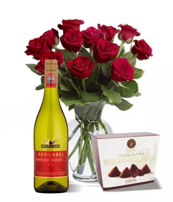 Dozen Red Roses, Wine & Truffles - Roses - Bloomex Australia
