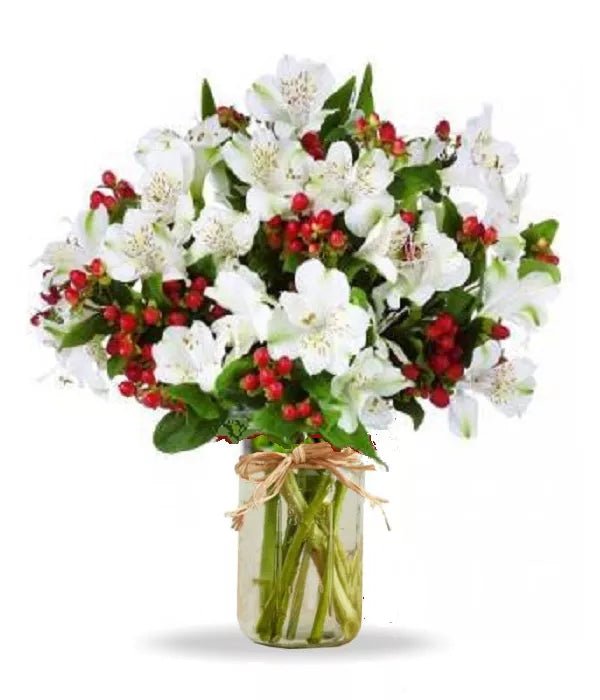 50 Blooms of Holiday Alstroemeria in Mason Jar - Christmas Flowers & Gifts - Bloomex Australia