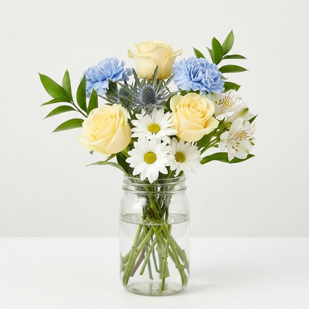 Beautiful in Blue in Mason Jar - The Mason Jar Collection - Bloomex Australia