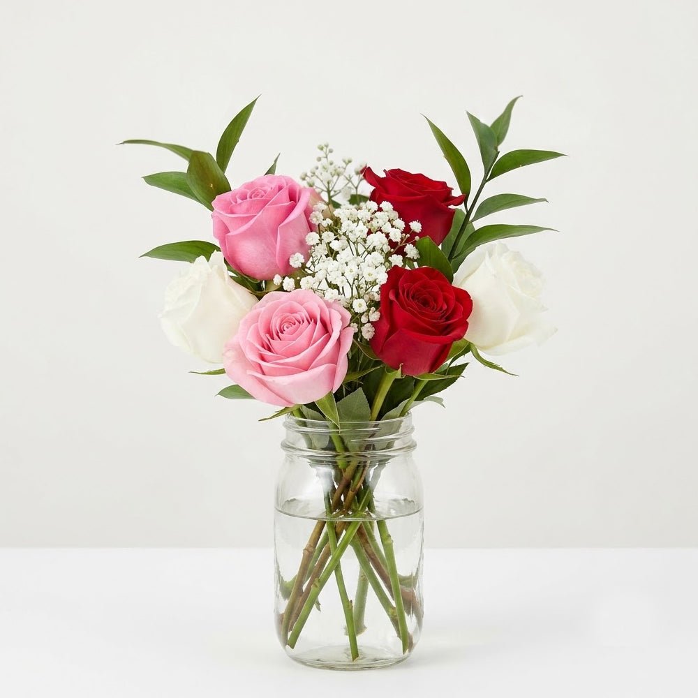 Half Dozen Assorted Roses in Mason Jar - The Mason Jar Collection - Bloomex Australia