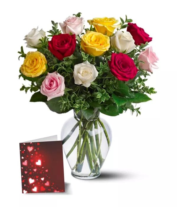 Dozen Mixed Roses, Vase & Card - Anniversary Flowers - Bloomex Australia