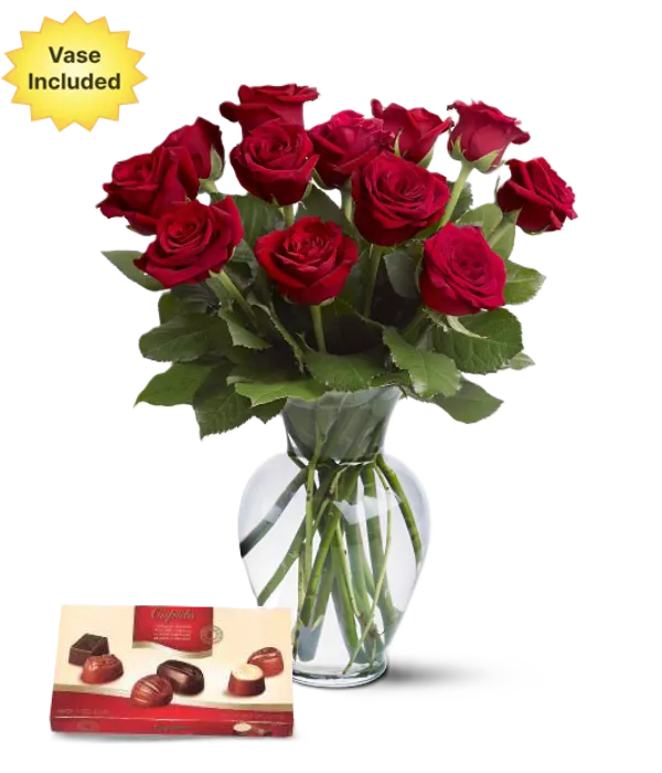 Dozen Red Roses, Vase & Chocolates - Roses - Bloomex Australia