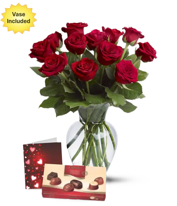 Dozen Roses, Chocolates, Vase & Card - Roses - Bloomex Australia