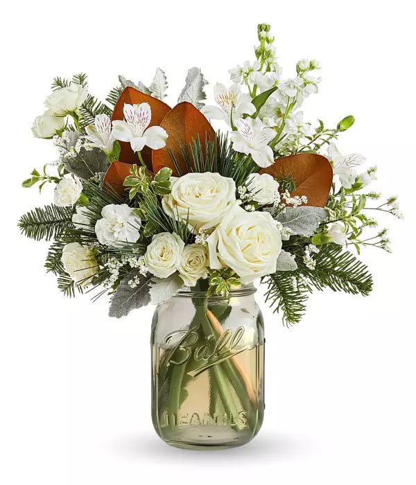 Frosted Rose in Mason Jar - White Roses - Bloomex Australia