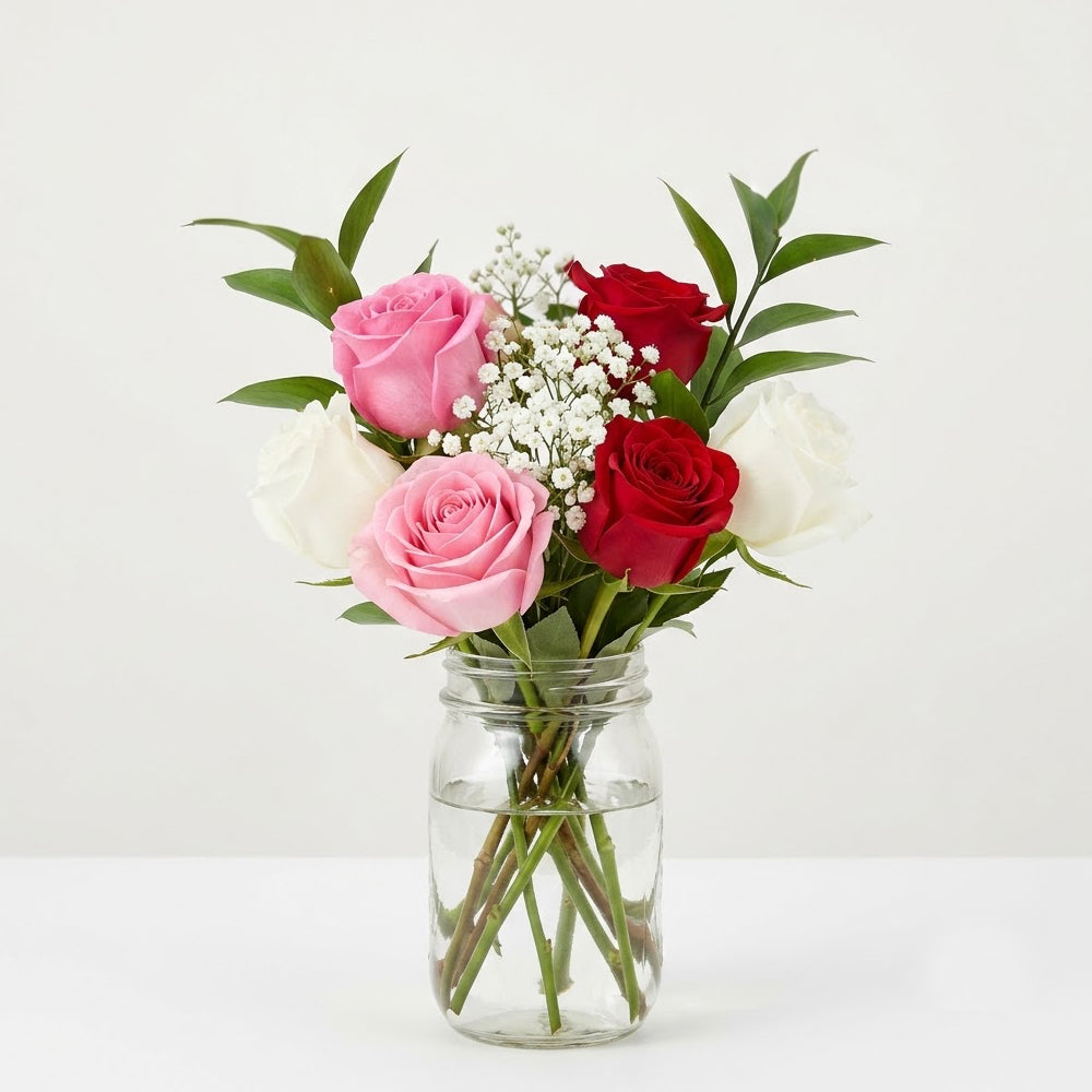 Half Dozen Assorted Roses in Mason Jar