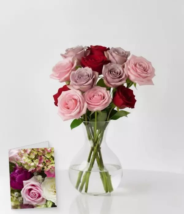 One Dozen Assorted Roses, Vase & Card Combo - Anniversary Flowers - Bloomex Australia