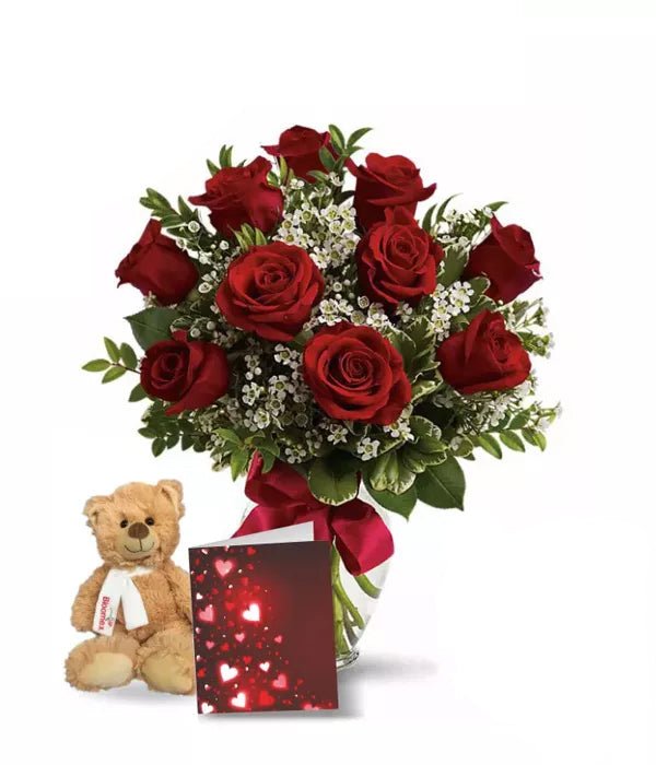 Ten Red Roses, Card & Teddy - Greeting Card - Bloomex Australia