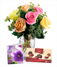 6 Assorted Roses, Chocolates & Card