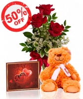 3 Red Roses, Card & Teddy