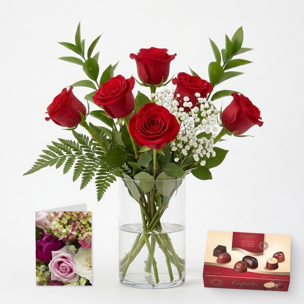 Half Dozen Red Roses, Card & Chocolates Gift - Valentine's Day Flowers - Bloomex Australia