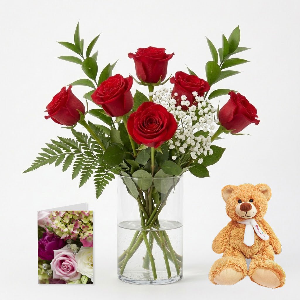 Half Dozen Red Roses, Card & Teddy - Roses - Bloomex Australia