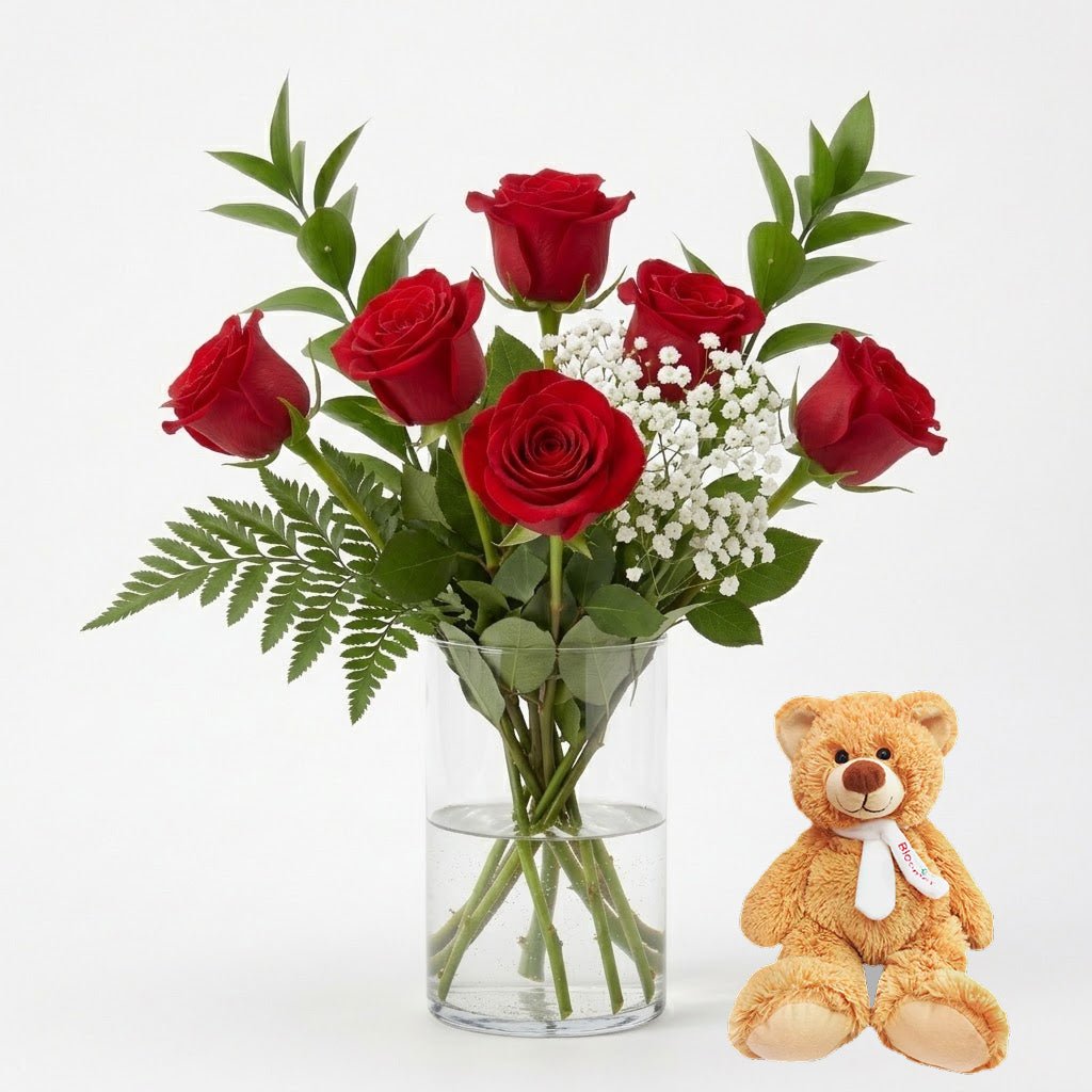 6 Red Roses, Vase & Teddy - Anniversary Flowers - Bloomex Australia