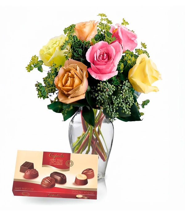 6 Assorted Roses, Vase & Chocolates - Mothers Day Specials - Bloomex Australia