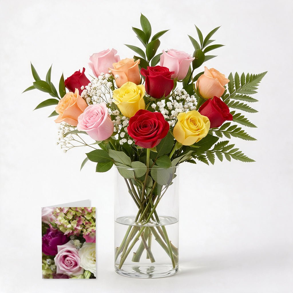 Dozen Mixed Roses, Vase & Card - Anniversary Flowers - Bloomex Australia