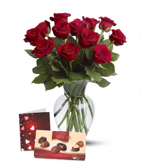 Dozen Roses, Chocolates, Vase & Card - Roses - Bloomex Australia