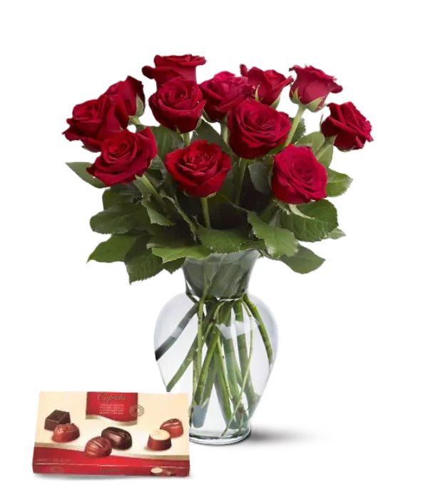 Dozen Red Roses, Vase & Chocolates - Roses - Bloomex Australia