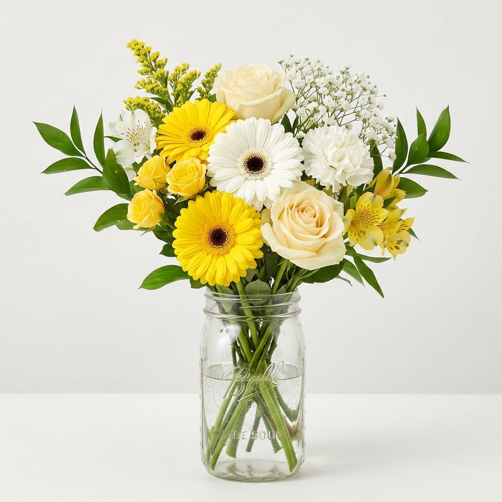 Mellow Yellow Bouquet in Mason Jar - Anniversary Flowers - Bloomex Australia