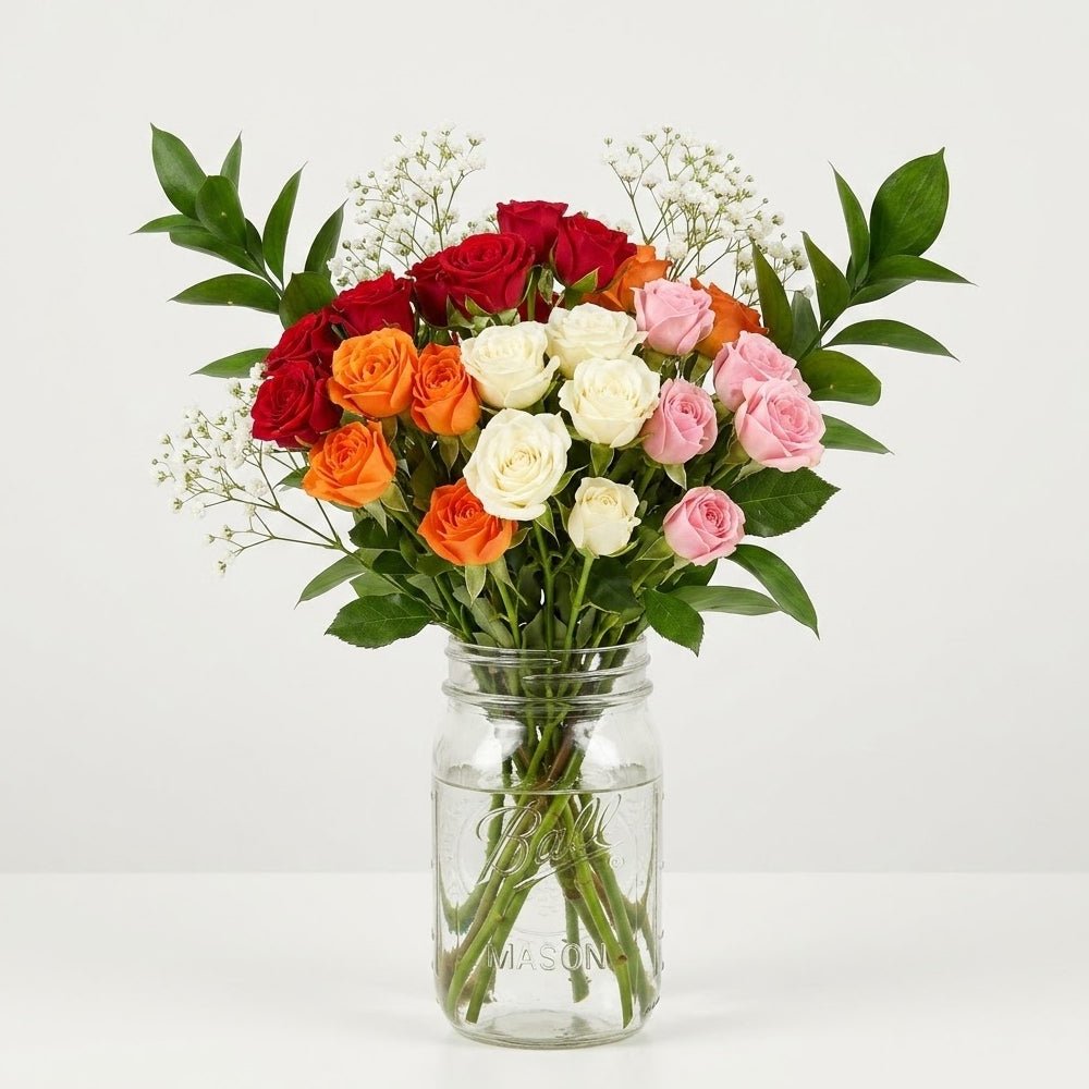 50 Blooms of Surprise Bud Roses in Mason Jar - Anniversary Flowers - Bloomex Australia
