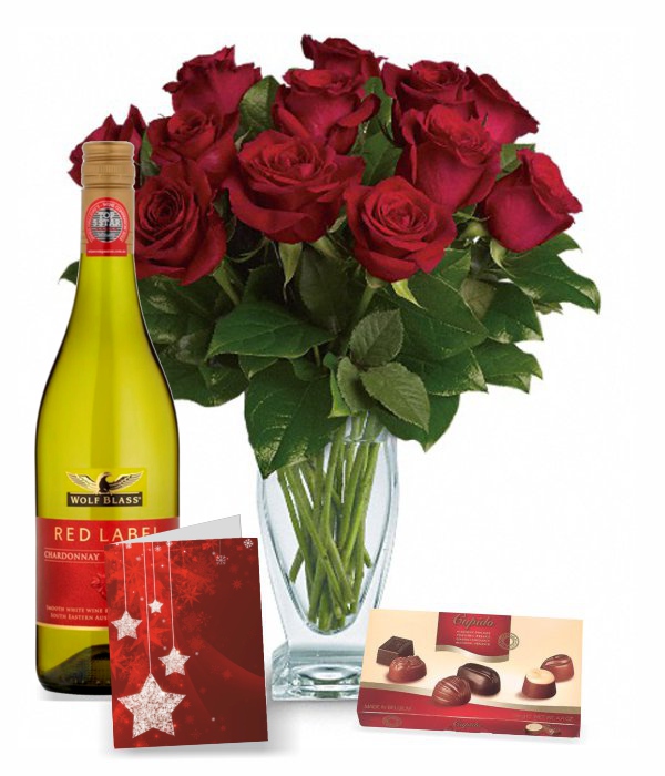 12 Red Roses, Chocolates, Card & Wine