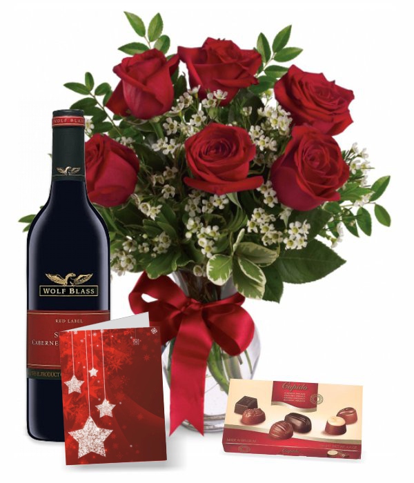 6 Red Roses, Chocolates, Card & Wine