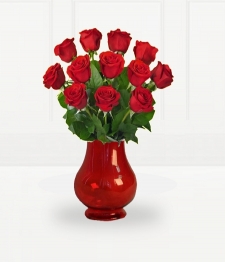 Dozen Red Roses and Ruby Vase
