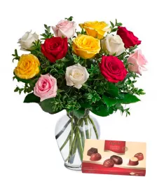 Dozen Mixed Roses with Chocolates