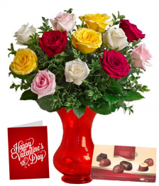 Dozen Mixed Colour Roses, Vase, Card & Chocolates