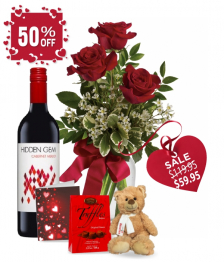 3 Red Roses and Red Wine Combo