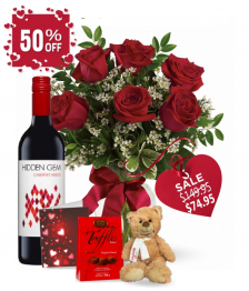 6 Red Roses and Red Wine Combo